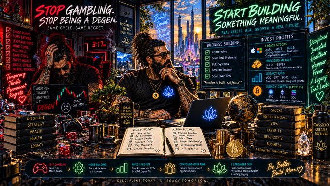 A motivational graphic contrasting gambling ('STOP GAMBLING. STOP BEING A DEGEN. SAME CYCLE. SAME REGRET.') with building wealth ('START BUILDING SOMETHING MEANINGFUL. REAL ASSETS. REAL GROWTH. A REAL FUTURE'), featuring a man at a desk with stock/crypto charts and Bitcoin imagery.