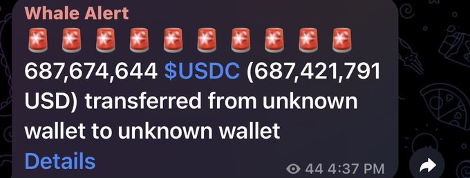 A "Whale Alert" notification displays 10 USDC token icons above text reporting that 687,674,644 $USDC (687,421,791 USD) was transferred from one unknown wallet to another, matching the post's description of a large USDC transfer between unknown wallets on Solana. The timestamp shows 44 4:37 PM, with a "Details" link and share icon at the bottom.