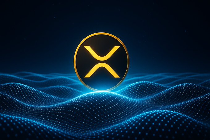 A digital rendering of a golden XRP (Ripple) cryptocurrency coin floating above a stylized blue wave made of glowing dots and particles against a dark background.