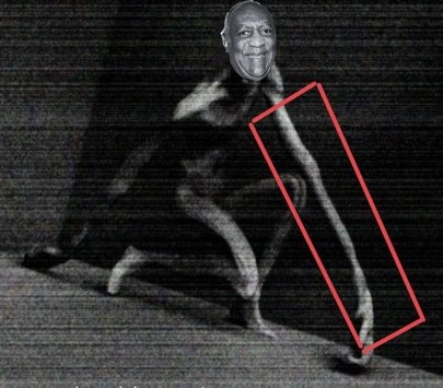 A black-and-white image of Bill Cosby riding a tricycle, with a red rectangle drawn around his extended leg to mimic the "leg measurement" meme, plays on the post's joke that "Bill Cosby" will be appearing on charts as a reference to his iconic jello pudding commercial pose.