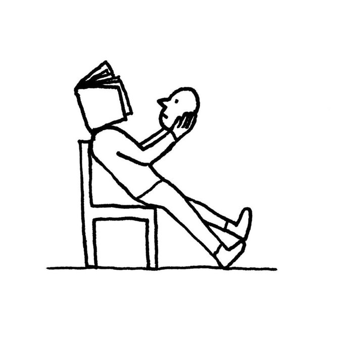 A minimalist black-and-white line drawing of a figure with a book on their head sitting on a chair, holding a small object or face in their hands.