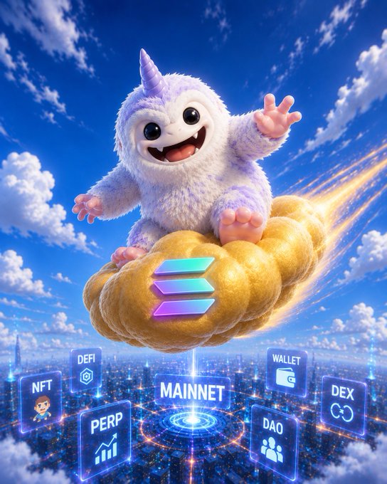 A fluffy unicorn rides a golden rocket-cloud above a futuristic city, with a Solana logo and labels like "MAINNET," "DEFI," "NFT," "PERP," "DEX," "DAO," and "WALLET" floating below—visually amplifying the excitement around BulkTrade's nearing mainnet launch and pre-deposit milestone.
