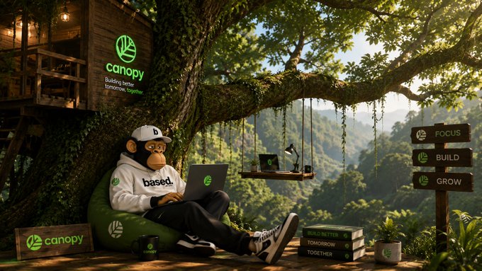 A Bored Ape-style mascot wearing a 'based.' hoodie and baseball cap works on a laptop while sitting on a beanbag in a treehouse workspace, with 'canopy' branding and signs reading 'FOCUS', 'BUILD', and 'GROW' visible.