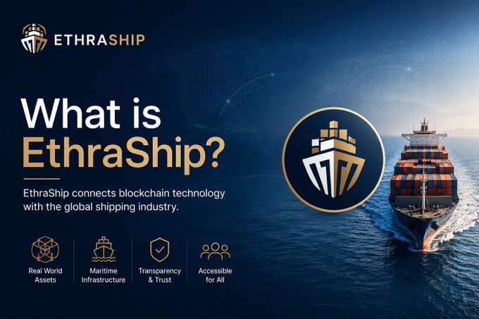 A digital marketing graphic titled 'What is EthraShip?' explains how the platform connects blockchain technology with the global shipping industry, featuring a large cargo ship at sea.