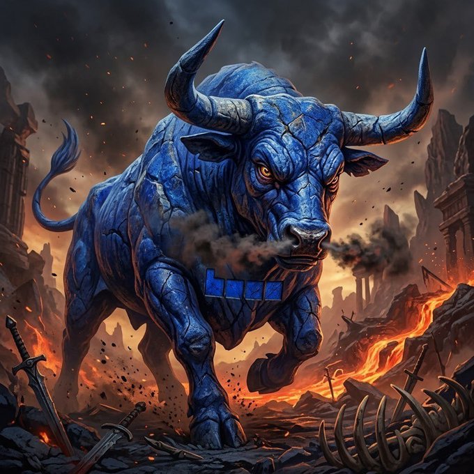 A massive blue stone bull charges through a fiery, apocalyptic wasteland scattered with swords and bones, featuring a faint blue "LINK" ticker across its chest that visually reinforces the post's confident "base looking strong as always" sentiment.