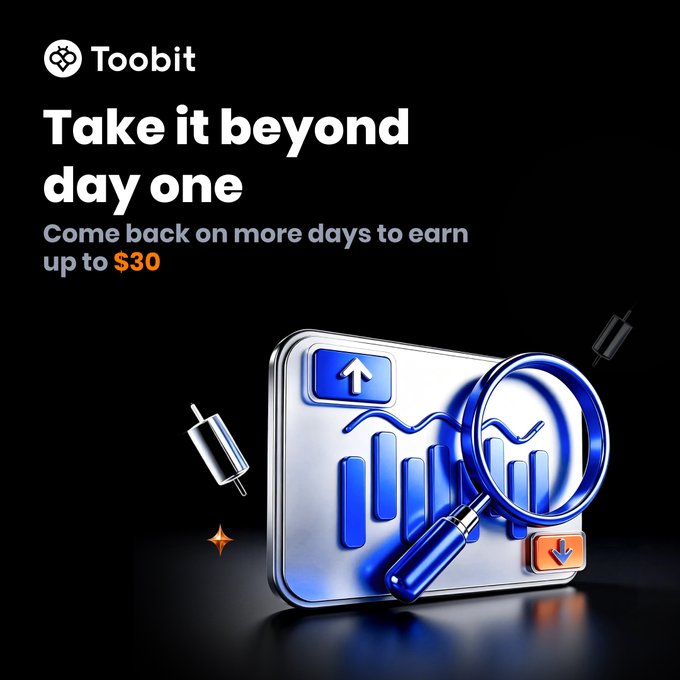 A promotional graphic for 'Toobit' cryptocurrency exchange with the text 'Take it beyond day one - Come back on more days to earn up to $30' featuring a 3D chart icon with a magnifying glass.