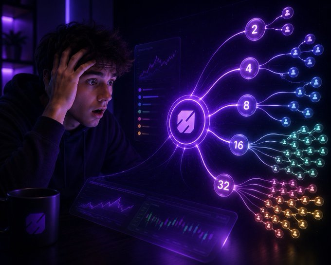 A surprised young man sits beside glowing holographic charts showing a referral tree multiplying 2→4→8→16→32 user nodes around a Jumper logo.