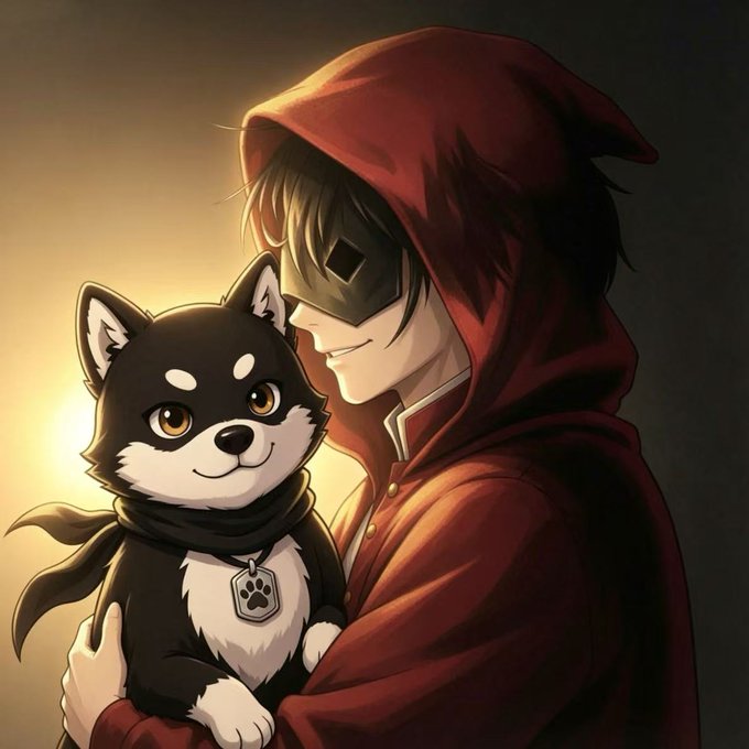 Anime-style illustration of a masked character in a red hooded cloak smiling while holding an adorable black and white shiba inu puppy wearing a paw-print tag.