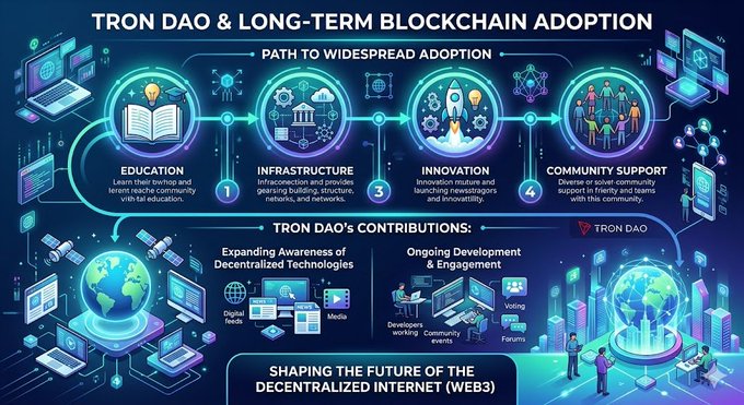 The image is a detailed poster for theTRON DAO & Long-Term Blockchain Adoption, showcasing an infographic explaining its journey from education and infrastructure development to innovation and community support. The poster features various elements that illustrate these steps, such as books, laptops, and people engaged in learning about blockchain technology. It also highlights TRON DAO's contribution to the path towards widespread adoption of long-term blockchain solutions for the betterment of society.