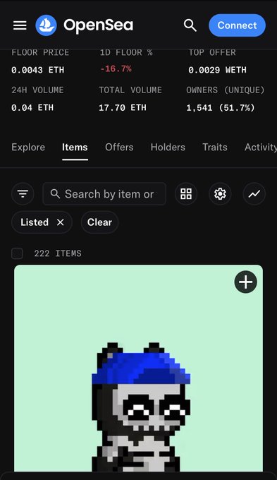 A mobile screenshot of the OpenSea NFT marketplace showing the Chumly collection with a floor price of 0.0043 ETH, 24H volume of 0.04 ETH, and 222 items listed, aligning with the post's claim that 222 Chumlins are listed out of 2,980 total.