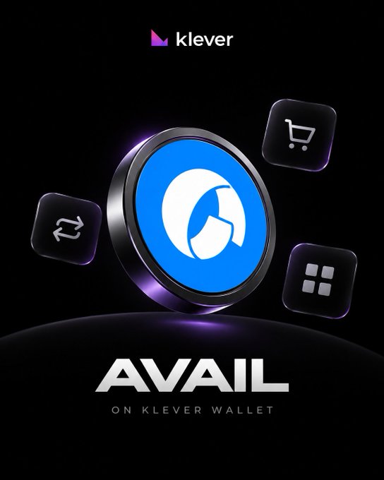 A promotional graphic for Klever Wallet announcing the availability of the AVAIL token, featuring the blue AVAIL logo surrounded by floating icons representing swap, shopping cart, and app grid functions on a black background.