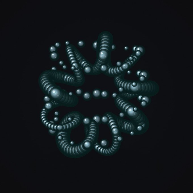 A dark, abstract 3D rendering of interlocking, segmented tubular structures forming a symmetrical star-like pattern in teal and dark green tones, visually representing the interconnected network of the first 100 Ethereum wallets.