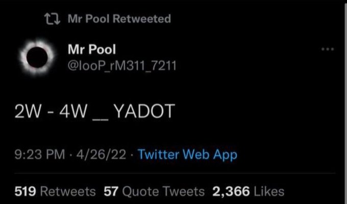 A black and white Twitter post from Mr Pool, retweeted by @looop, with a blue hashtag #YADOT and a date of 2/26/22 at 9:23 PM.