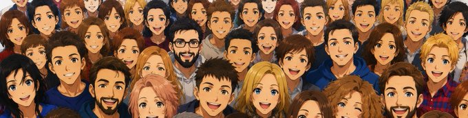 A dense crowd of anime-style characters, with one realistic-looking bearded man wearing glasses photoshopped into the center, smiling amidst the animated faces.