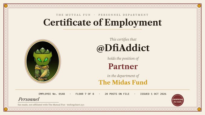 A 'Certificate of Employment' from 'The Mutual Fun' certifying '@DfiAddict' as a 'Partner' in the department of 'The Midas Fund', with details like 'Employee No. 014B' and 'Issued 1 Oct 2026'.