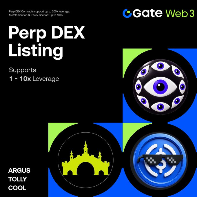A promotional graphic for Gate Web3 announcing new Perp DEX listings for $ARGUS, $TOLLY, and $COOL, supporting 1-10x leverage with trading pairs against USDT, featuring stylized icons of an eye, a castle, and sunglasses. The image visually reinforces the post's announcement of these three new perpetual contract listings on Gate's decentralized exchange.