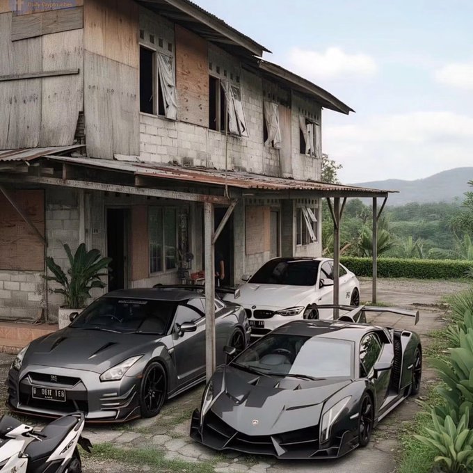 An AI-generated or edited image shows luxury sports cars—a Nissan GT-R, BMW, and Lamborghini—parked in front of a weathered, dilapidated wooden house in a rural setting.