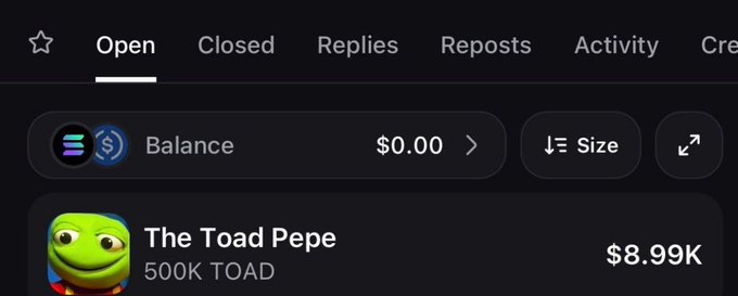 A cryptocurrency interface for 'The Toad Pepe' shows a balance of $0.00 and a market cap of $8.99K for 500K TOAD tokens.