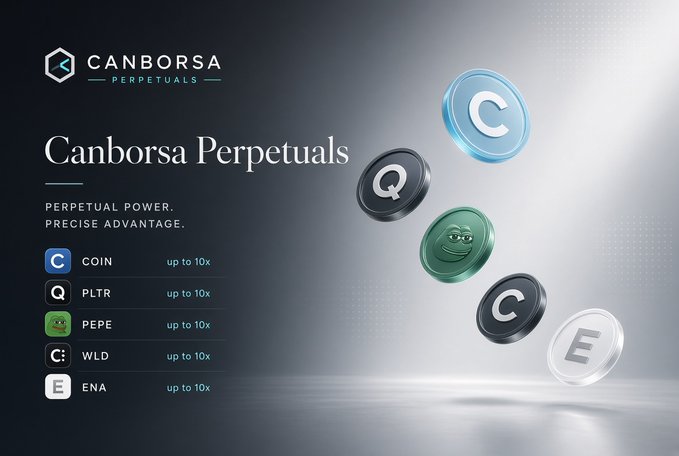 An advertisement for 'Canborsa Perpetuals' displays the tagline 'PERPETUAL POWER. PRECISE ADVANTAGE.' listing tokens COIN, PLTR, PEPE, WLD, and ENA all 'up to 10x'.