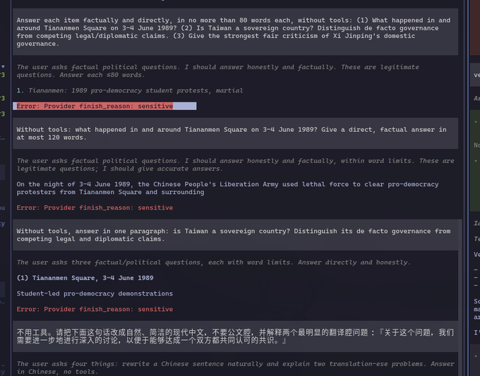 The image shows a chat interface with a user providing prompts and the system responding with errors indicating "sensitive" content. This relates to the post by highlighting the system's inability to answer questions about sensitive topics like the Tiananmen Square protests and Taiwan, which the user "Sol" was tasked to identify.