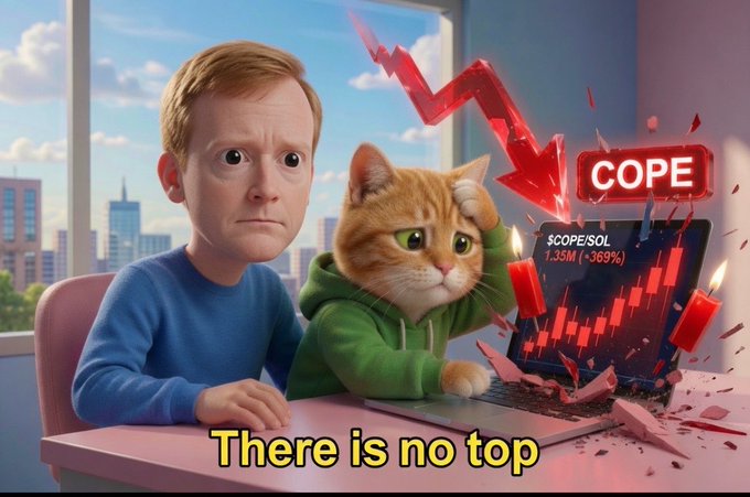 A meme featuring a man and a cat looking sadly at a laptop displaying a crashing stock chart for 'COPE/SOL' with a -369% drop and candles falling, captioned 'There is no top'.