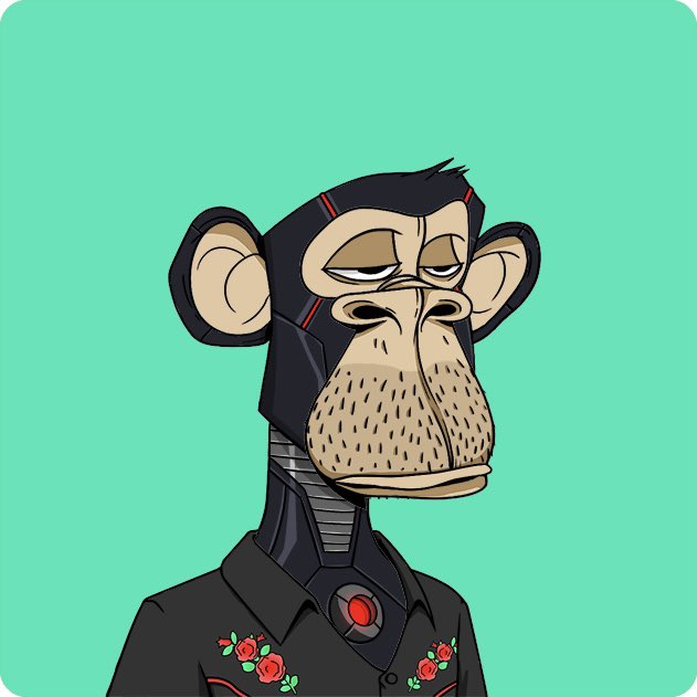 A digital illustration of a Bored Ape-style monkey character with a robotic/mechanical neck, wearing a black shirt with red rose embroidery against a teal background.
