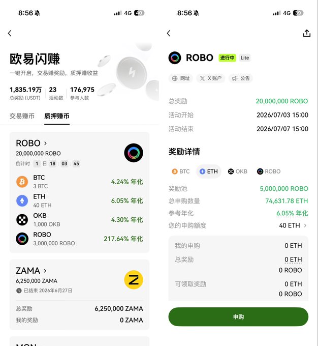 A Chinese crypto exchange interface for '欧易闪赚' (OKX Flash Earn) showing ROBO token staking with 217.64% annualized yield, 40 ETH subscription, and details about BTC, ETH, OKB, and ROBO reward pools.