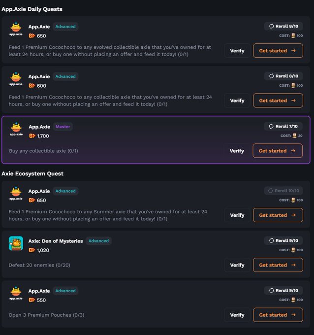 The image displays an "App.Axie Daily Quests" and "Axie Ecosystem Quest" interface listing various tasks with reward points (BP) ranging from 550 to 1,700, including objectives like feeding Premium Coochocoos to collectible axies, defeating 20 enemies, and opening 3 Premium Pouches. The highlighted "Buy any collectible axie" quest for 1,700 BP directly relates to the post's statement about needing to buy a collectible axie on @AxieInfinity.
