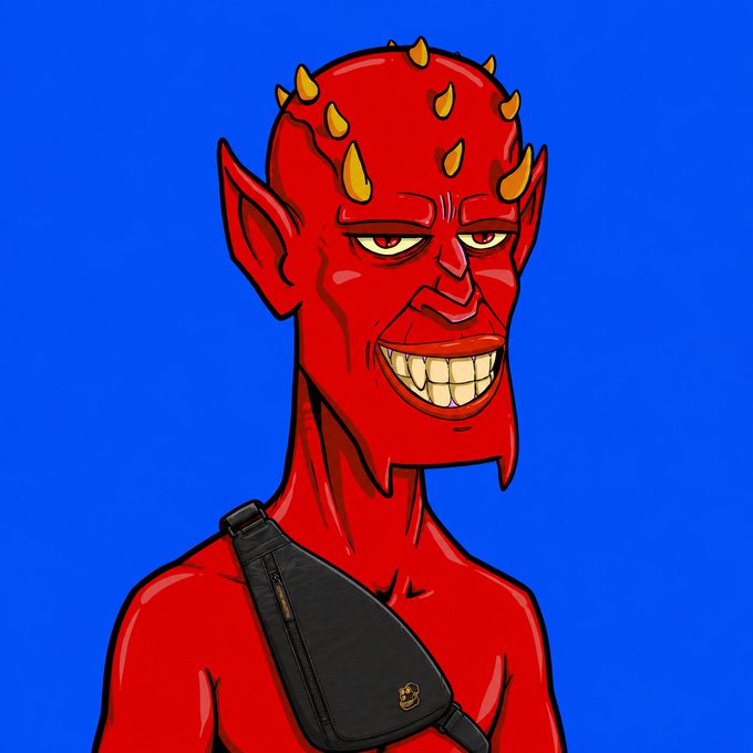A digital illustration of a red-skinned, horned Bored Ape-style character with a wide grin wearing a black sling bag against a blue background, featuring a small "BAYC" logo on the bag that ties into the promotional post about the Bored Ape Yatch Club Sling Bag giveaway.