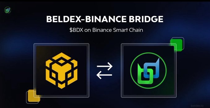 A promotional graphic for 'BELDEX-BINANCE BRIDGE' showing $BDX token bridging to Binance Smart Chain with the Beldex (BNC) and BSC logos and bidirectional arrows.