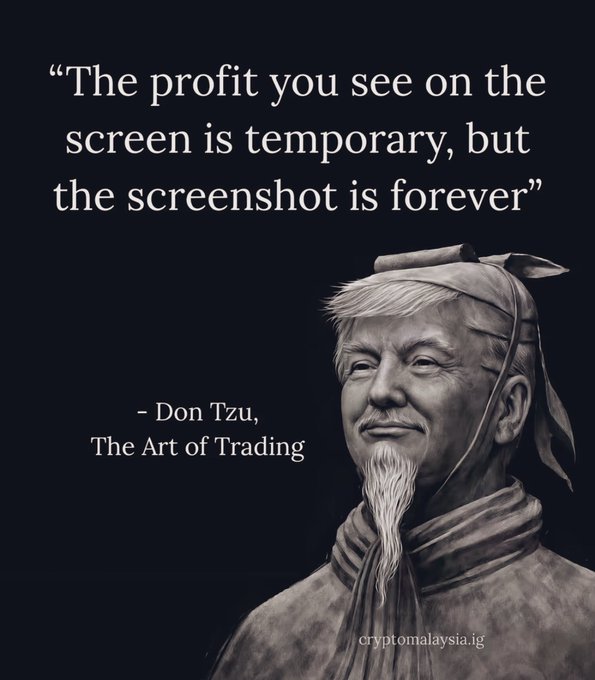 An inspirational trading quote featuring a statue: 'The profit you see on the screen is temporary, but the screenshot is forever' – Don Tzu, The Art of Trading, attributed to cryptomalaysia_ig.