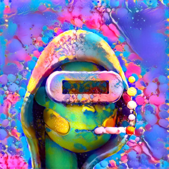 A colorful, abstract digital artwork featuring a figure wearing a visor and a hood, covered in vibrant splashes and bubbles of neon paint.