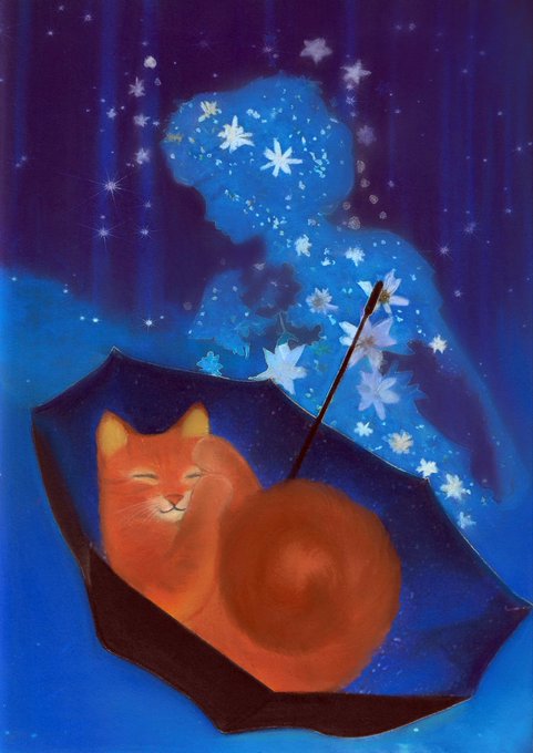 An illustration of an orange cat sitting under an umbrella as glowing blue flowers transform into starry lights in the night sky.