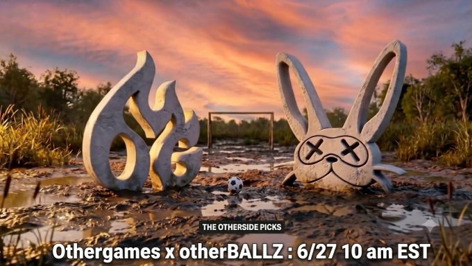 A surreal sunset scene features weathered stone sculptures of the "Otherside" flame logo and a deadmau5-style rabbit head with X eyes, alongside a soccer ball in a muddy field. Text reads "THE OTHERSIDE PICKS" and "Othergames x otherBALLZ : 6/27 10 am EST," promoting a soccer-related event for the Otherside community that ties into the "Otherside CUP" announcement.
