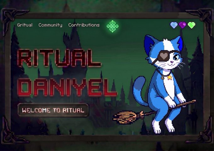 A digital artwork titled 'RITUAL DANIYEL' featuring a blue cat with an eyepatch holding a broom, with menu tabs for Giritual, Community, and Contributions.