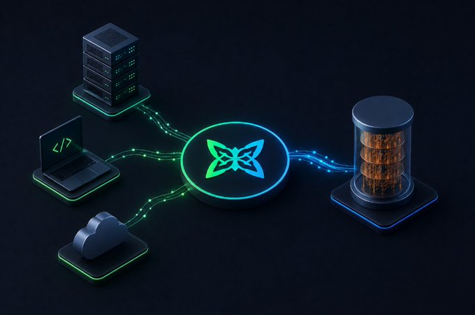 A 3D-rendered illustration depicting cloud and network connectivity, with a central glowing blue and green emblem connecting via fiber-optic lines to a server tower, a laptop, a cloud icon, and a transparent cylindrical database server.