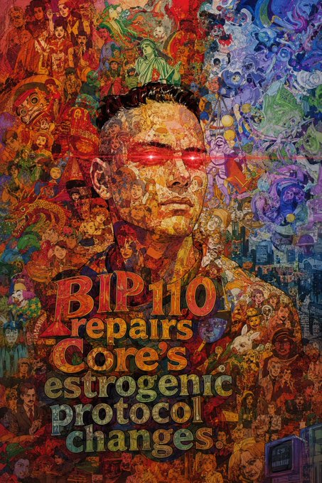 A psychedelic pop-art style poster showing a man with glowing red laser eyes, with text reading: 'BIP 110 repairs Core's estrogenic protocol changes.'