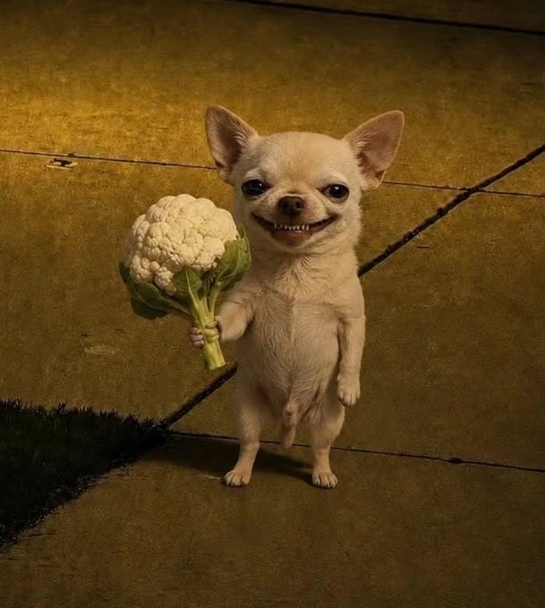 A small chihuahua stands on its hind legs on a sidewalk, smiling widely while holding a head of cauliflower in one paw.