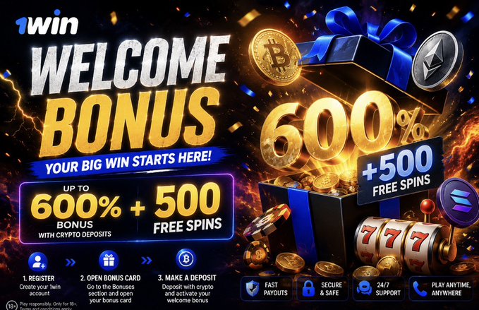 A flashy promotional banner for "1win" advertises a welcome bonus of up to 600% plus 500 free spins with crypto deposits, featuring imagery of Bitcoin, Ethereum, and slot machines.