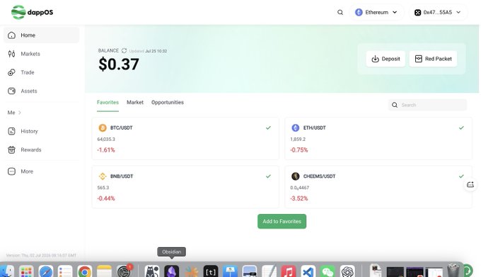 A screenshot of the Dappos trading platform home page shows a wallet balance of $0.37 with small holdings in BTC, ETH, BNB, and CHEEMS trading pairs, reinforcing the post's warning to users to withdraw their funds from the platform before the July 24–August 2 registration deadline.