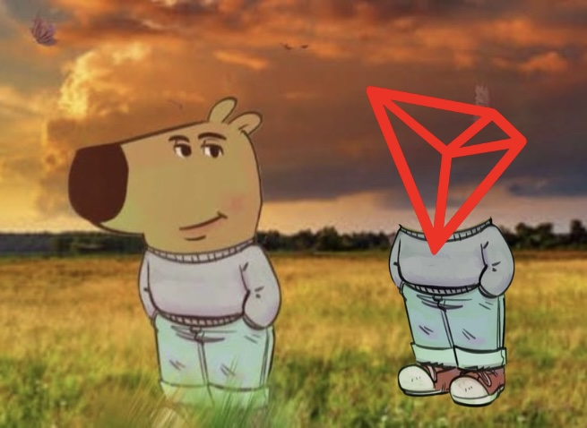 A meme image showing a cartoon character (similar to the 'Cheems' doge) standing in a field at sunset, with another figure's empty clothes floating in the air, highlighted by a red diamond shape (likely a crypto token logo) drawn over the headless area.