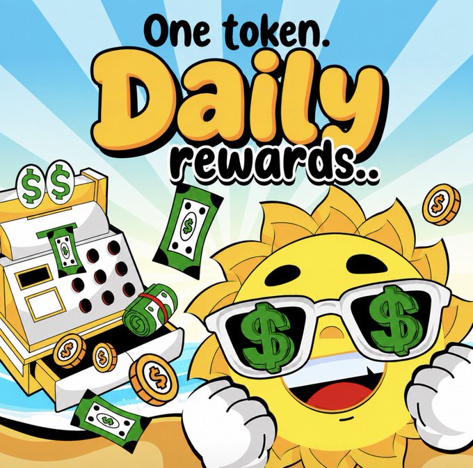 A colorful cartoon promotional image featuring a smiling sun character wearing sunglasses with dollar signs, alongside a cash register with money and coins, with text 'One token. Daily rewards..'