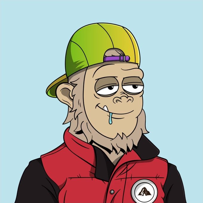 A cartoon illustration of a monkey character wearing a green and yellow backwards cap and a red puffy vest with a logo patch, drooling with half-closed eyes against a light blue background.