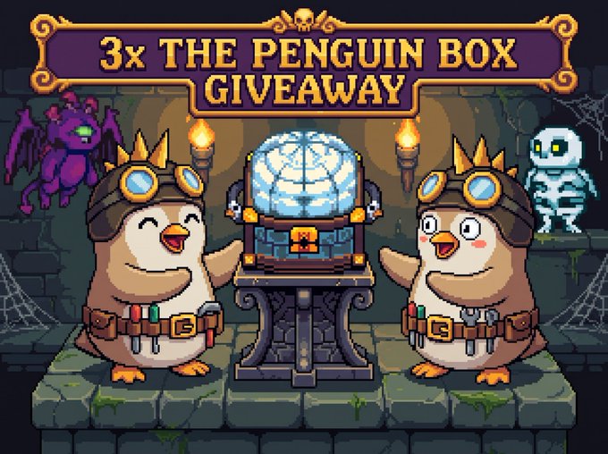 A pixel art promotional graphic reads "3x THE PENGUIN BOX GIVEAWAY" and features two penguin characters in explorer gear flanking an ornate glowing box, with a purple bat and a mummy lurking in a dungeon background, visually advertising the giveaway event.