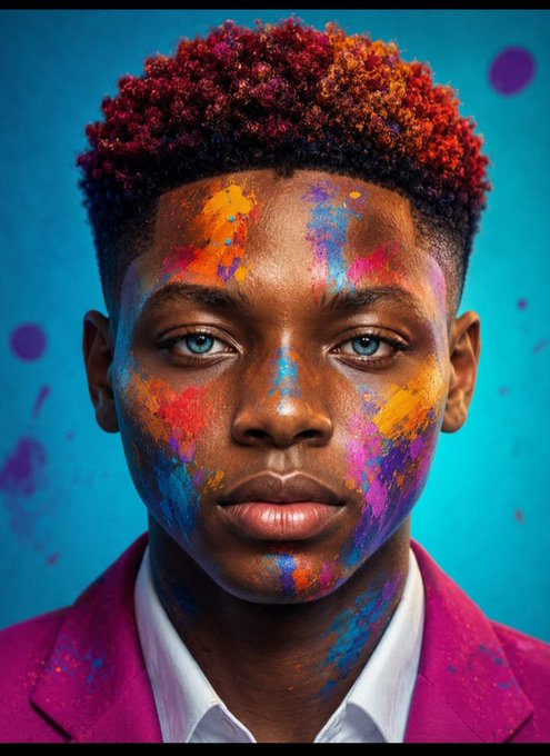A vibrant portrait of a young man with blue eyes and a magenta blazer, his face and red curly hair splashed with bright, multi-colored paint against a blue background.