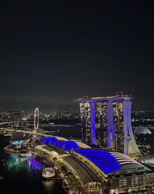 Stunning nighttime cityscape of Singapore featuring the Marina Bay Sands hotel and the Singapore Flyer Ferris wheel illuminated against the dark sky.