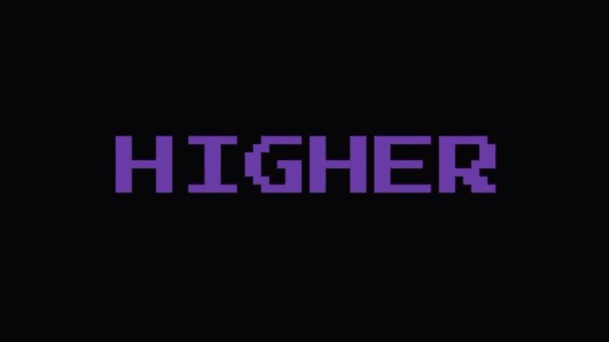 The word "HIGHER" is displayed in purple pixelated text on a black background, visually emphasizing the post's question about agreeing to a positive outlook or upward sentiment.