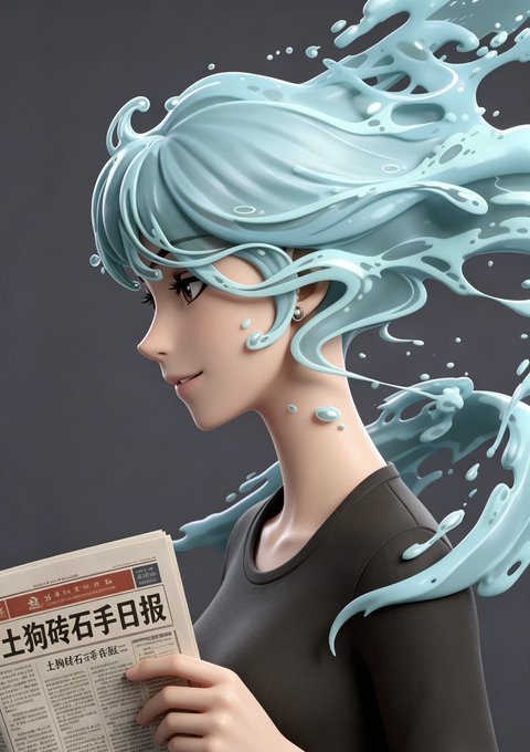 The image features a woman with blue hair, holding a newspaper or magazine while looking at it. The background of the photo has a gray color, which contrasts with the vibrant blue hair of the woman. The caption below the image provides information about the artist who created this digital illustration and the inspiration behind the artwork.