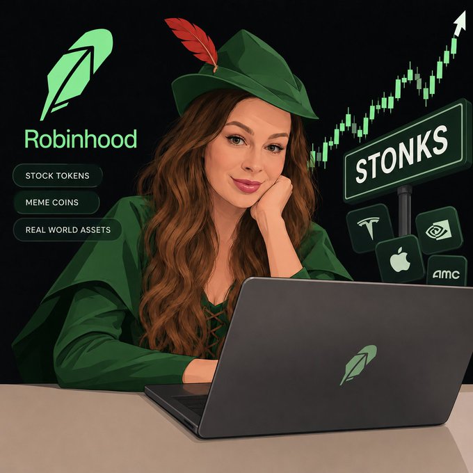An illustrated promotional image for Robinhood shows a woman in a green Robin Hood-style hat at a laptop with the Robinhood logo, with side panels advertising 'STOCK TOKENS', 'MEME COINS', 'REAL WORLD ASSETS' alongside a 'STONKS' sign and logos for Tesla, Apple, Nvidia, and AMC.