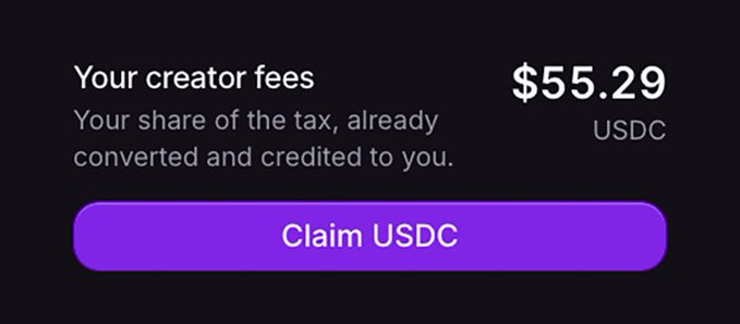 A digital interface displays 'Your creator fees' at $55.29 USDC, noting that the share of tax has already been converted and credited, with a purple 'Claim USDC' button below.